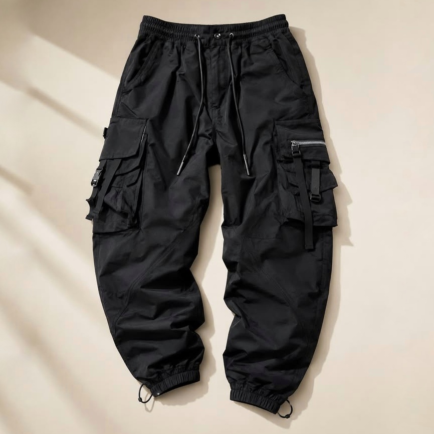 Black cargo pants laid flat on a beige background