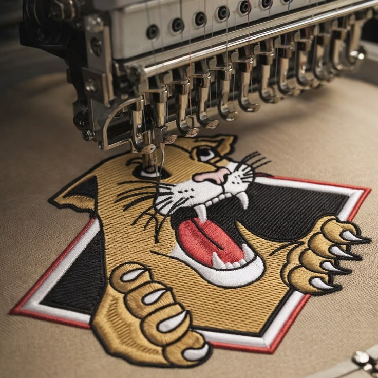 Embroidery machine stitching a detailed tiger design onto fabric