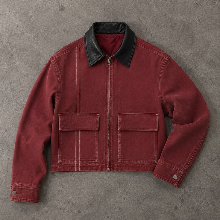 Burgundy zip-up jacket with a black collar and front patch pockets laid flat on concrete