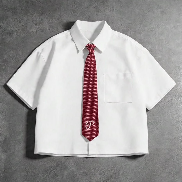 White short-sleeved uniform shirt with a red tie laid flat on a grey background