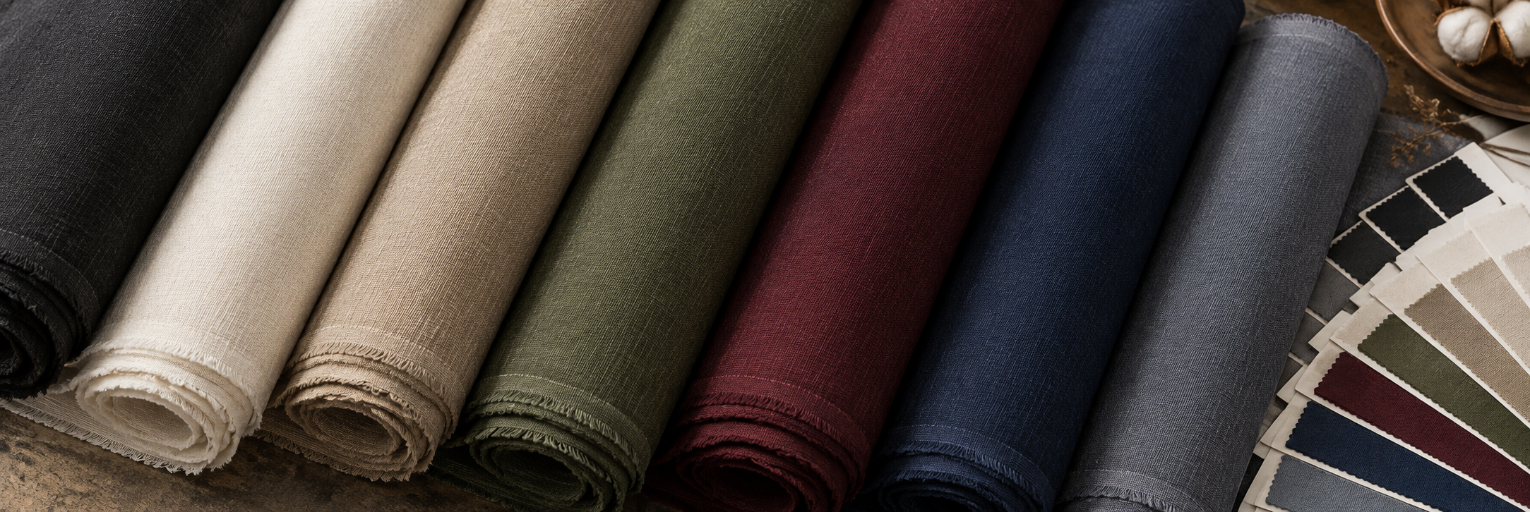 Rolled fabrics in a range of colours with swatch cards