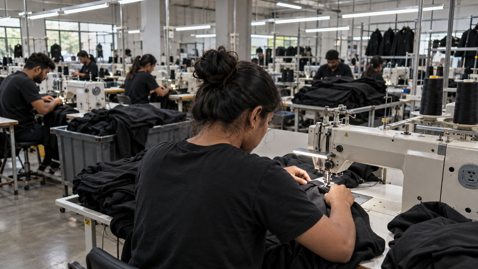 Garment makers sewing in the production facility
