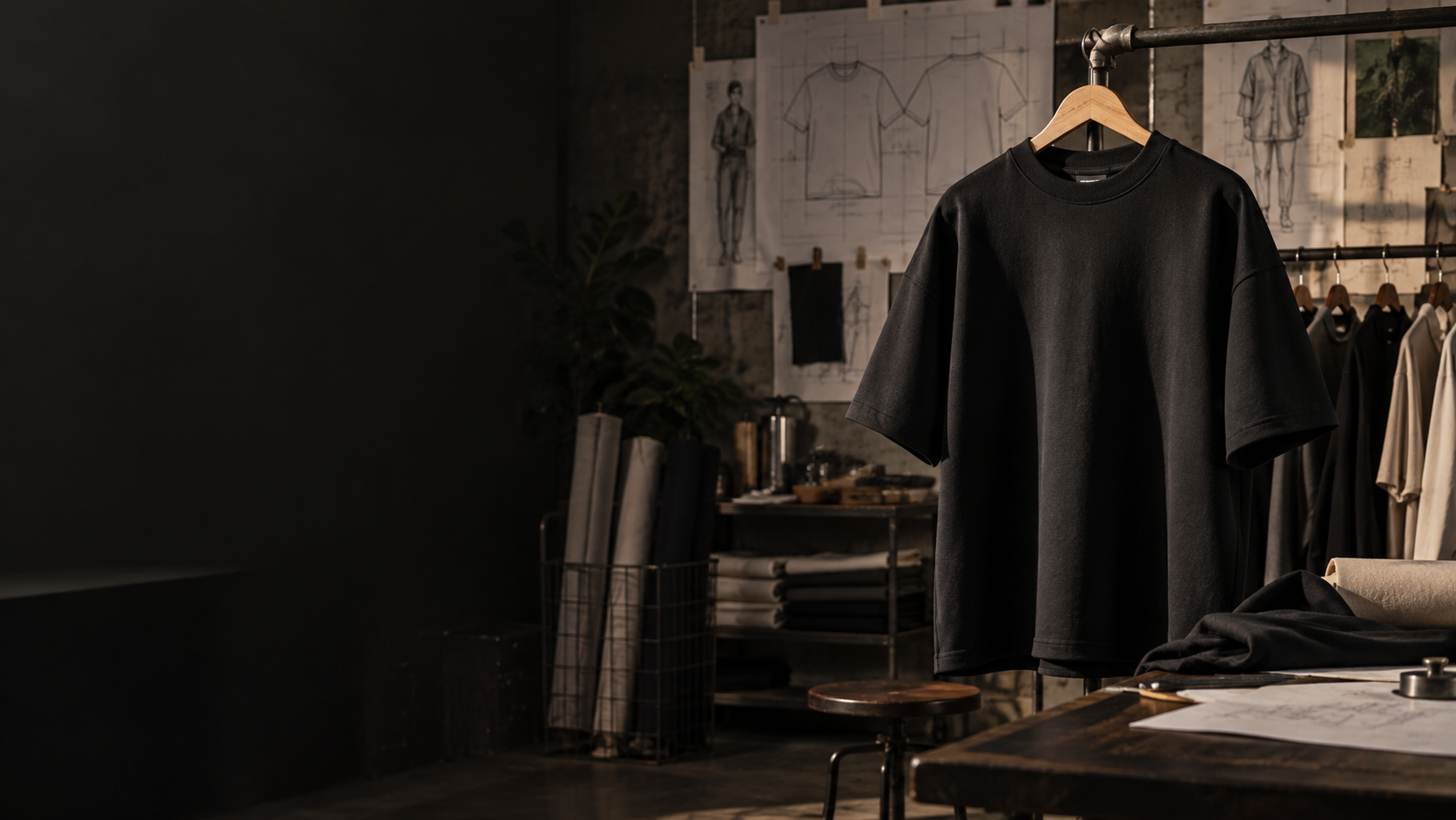 Black garment hanging in a design studio with technical sketches